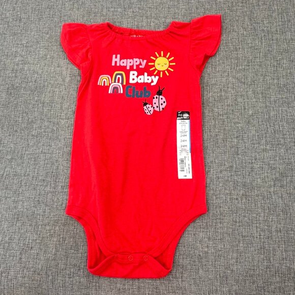 NEW! Baby Girl Okie Dokie Bodysuit Ruffle Sleeve 24 Months Red "Happy Baby Club" - Picture 1 of 8